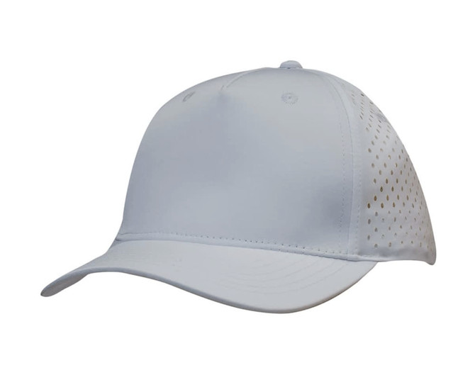 A light grey cap with teardrop perforations and a logo on the side, designed for sports and casual wear.