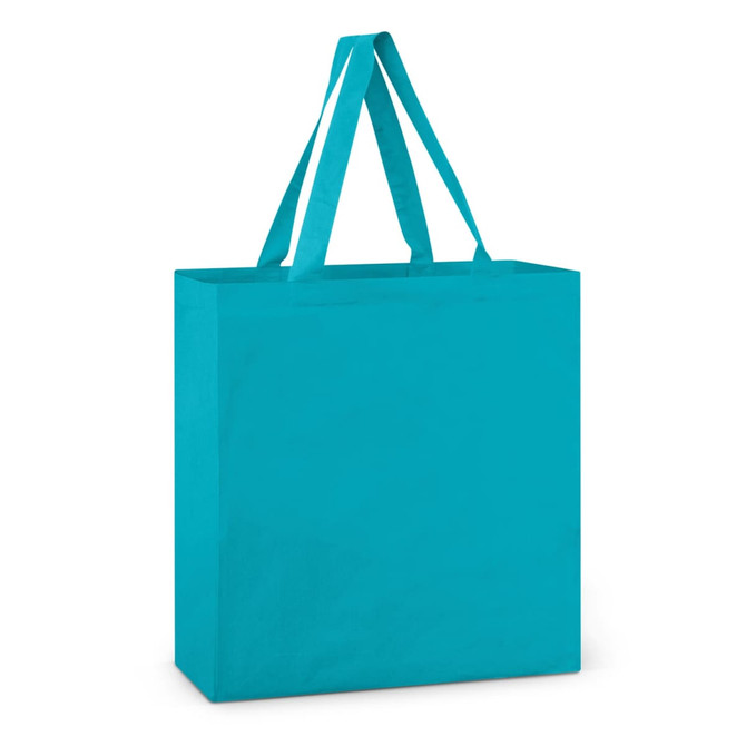 A teal cotton tote bag with two handles and a simple design. It features a logo or branding on the surface.