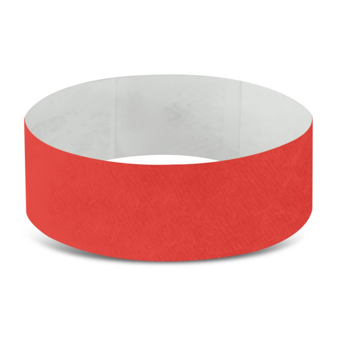 A Tyvek Event Wrist Band in a vibrant red color, designed for use in exhibitions and events.