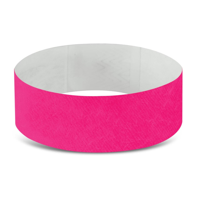 A pink Tyvek event wristband with a smooth surface and an inner lining, featuring branding.