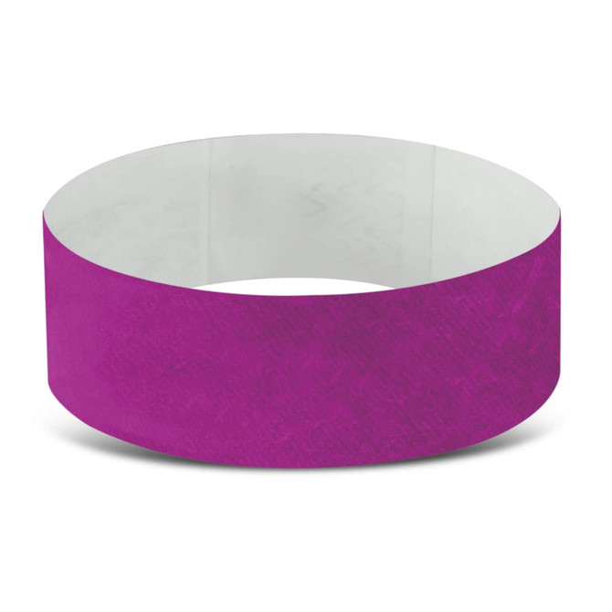 A purple Tyvek event wristband with a plain design and a logo visible on its surface.