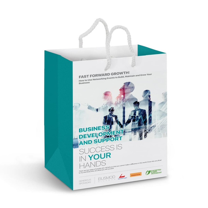 A medium laminated paper carry bag in teal and white, featuring a graphic design and a logo.