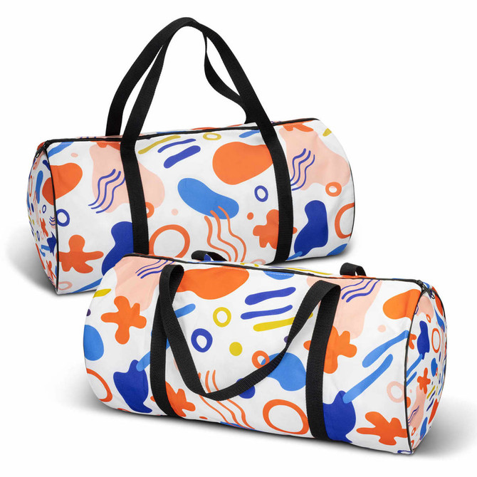 A colourful duffle bag featuring abstract shapes in blue, orange, and pink, with black handles and a zipper.