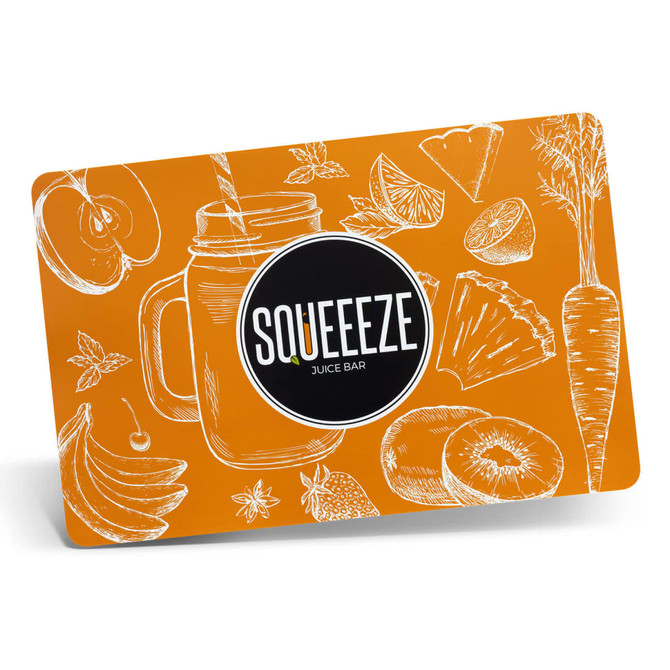 An orange full colour place mat featuring illustrations of fruit, vegetables, and a drink jar, with a logo.