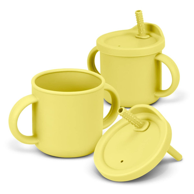 A drink bottle in bright yellow, featuring a straw and handles, designed for children. It includes a lid and has a logo.