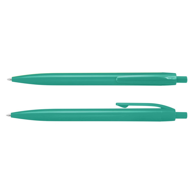 A teal plastic pen with a sleek design and clip, featuring a ballpoint tip. Includes branding.