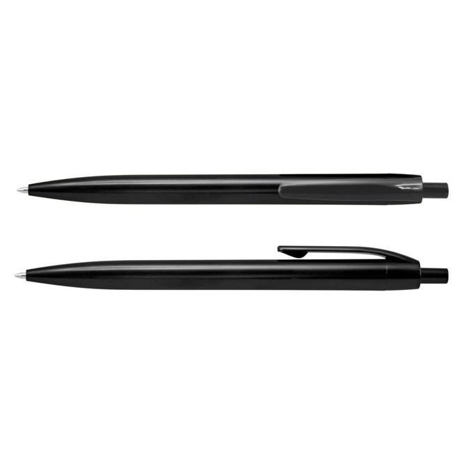 Two black plastic pens are displayed, featuring sleek designs and plastic clips. One pen is positioned above the other.
