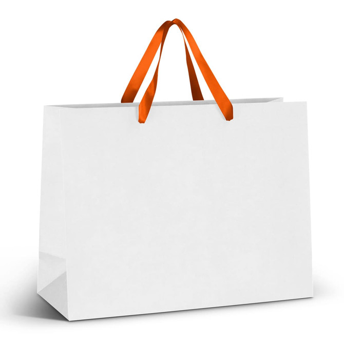An extra large white paper bag with orange ribbon handles and a plain design.
