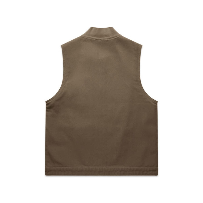 A brown heavy vest with a high collar and no sleeves, featuring a small logo.