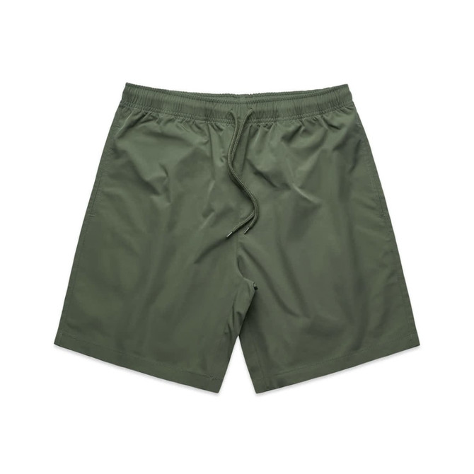 Active Training Shorts in a khaki green colour, featuring an elastic waistband and a drawstring. Includes a logo.
