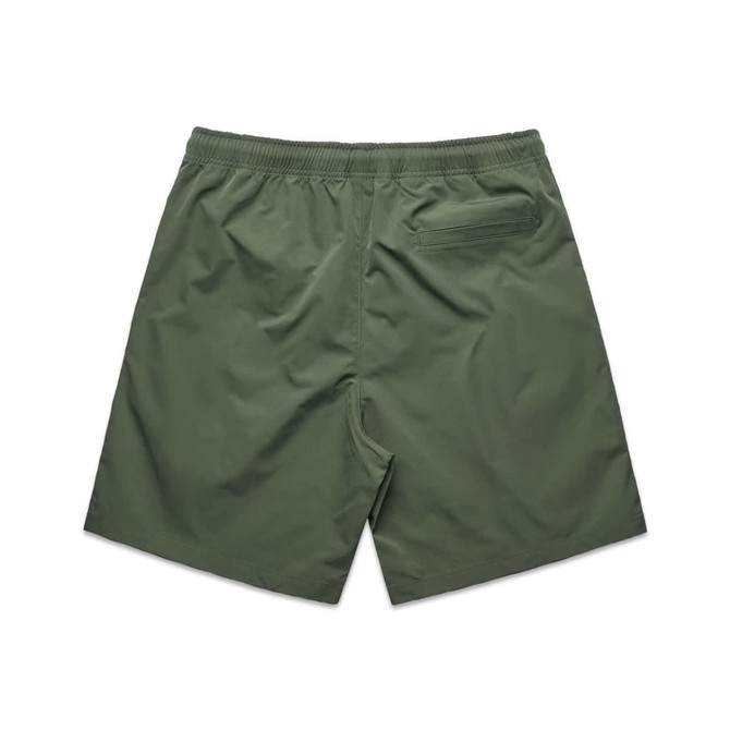 Active training shorts in a rich green colour, featuring an elastic waistband and a back pocket, has a logo detail.