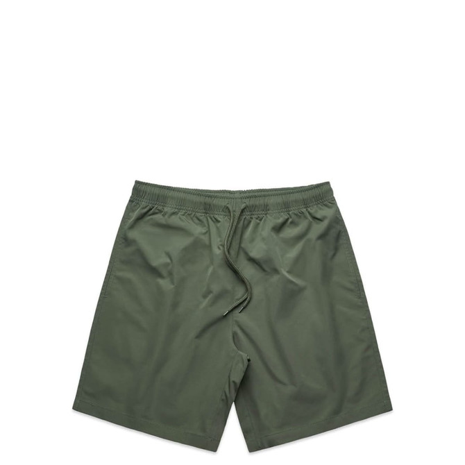 Active training shorts in olive green with an elastic waistband and drawstring. Features a logo on the fabric.