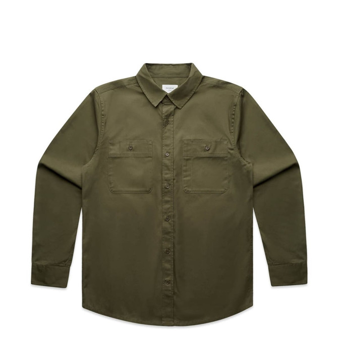 An olive green work shirt with a collar, long sleeves, and two front pockets. It features a logo on the label.