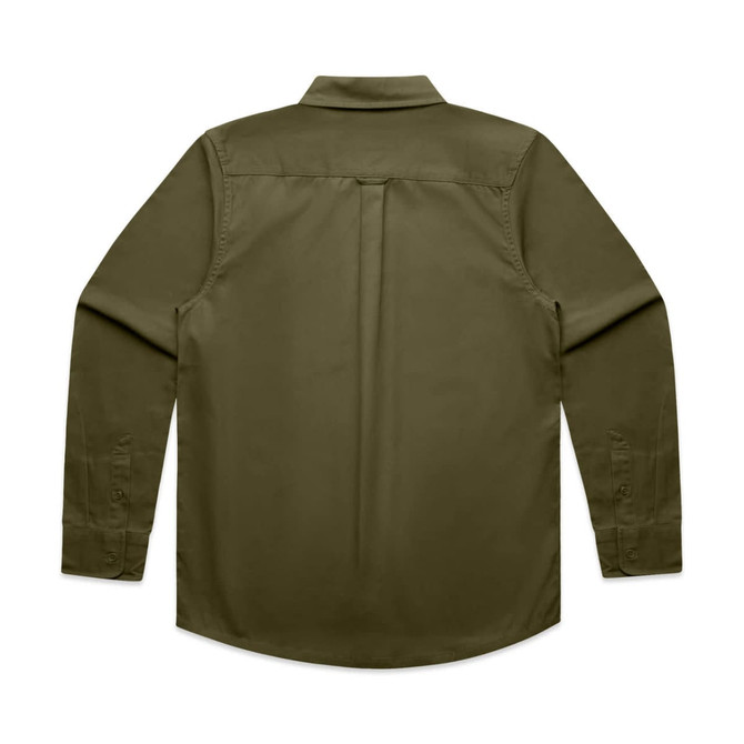 A green work shirt with long sleeves and a collar, featuring a back yoke and a logo.
