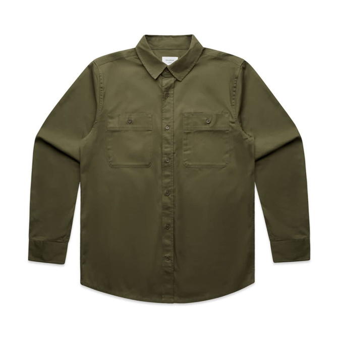 An olive green work shirt with a button-up front and two chest pockets, featuring a logo on the chest.