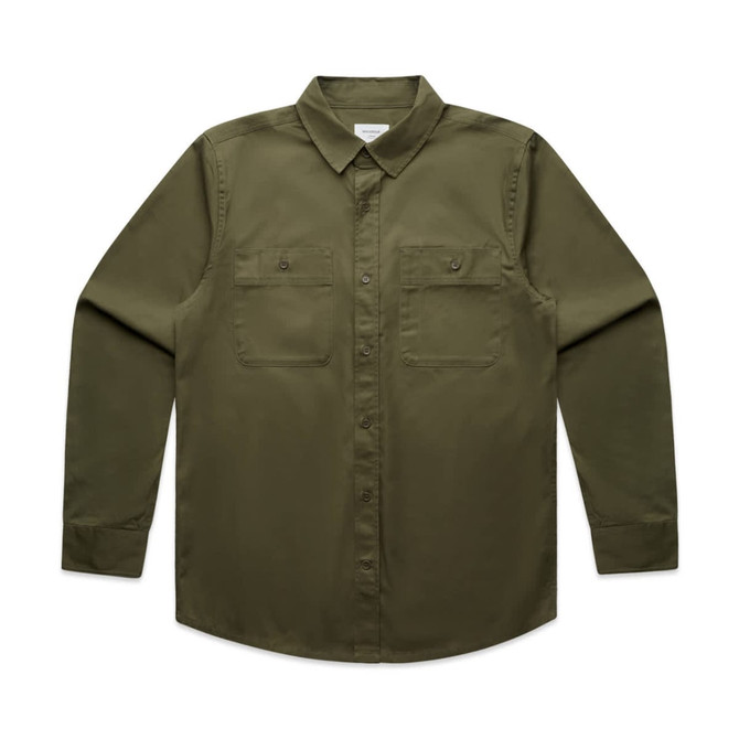 A green work shirt featuring two chest pockets and long sleeves, with a collar and buttons down the front.