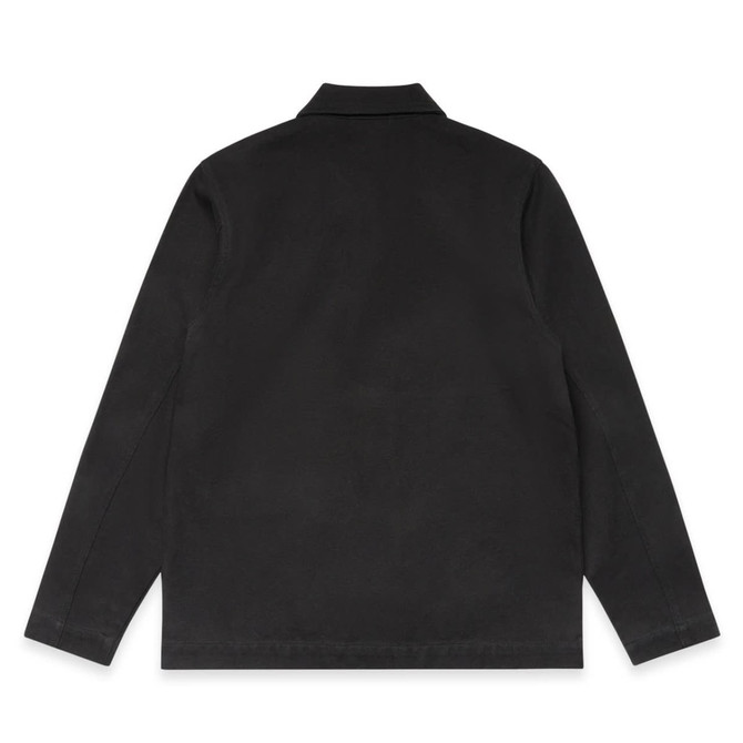 A black canvas chore jacket featuring a classic collar and long sleeves, with a plain back design and a logo.