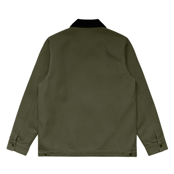 A canvas cord collar jacket in olive green, featuring a black collar and minimalistic design.