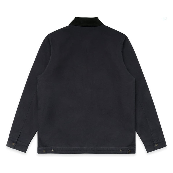 A dark navy canvas jacket with a collar, featuring buttons and a logo. The back view is displayed.