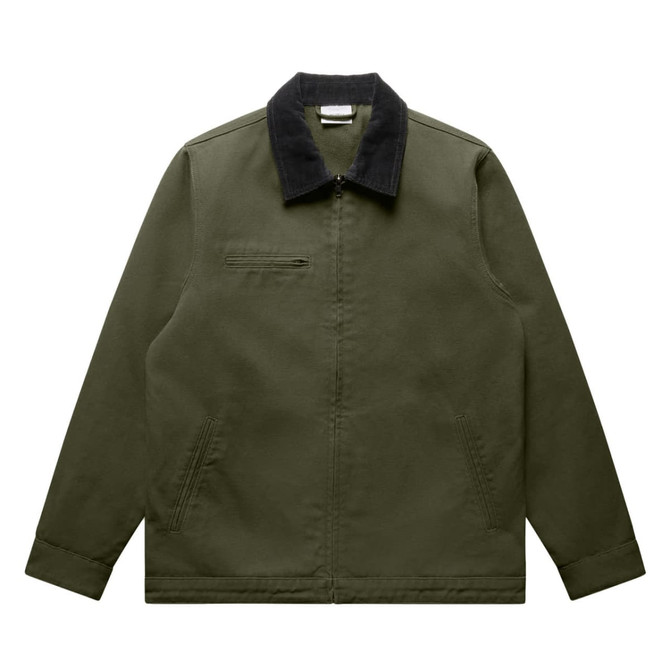 A green canvas cord collar jacket with a black collar, featuring a zip pocket. It has a simple, unbranded design.