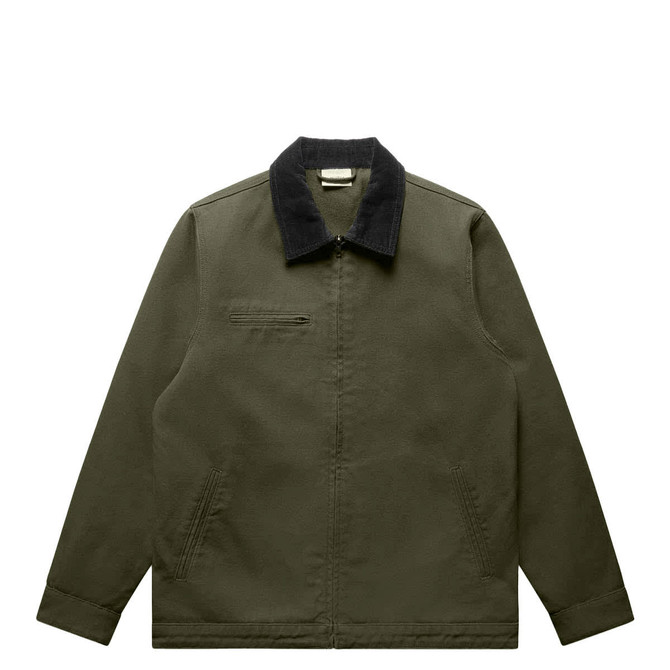 A green canvas jacket featuring a black collar and a logo. It has a zip pocket on the front and side pockets.