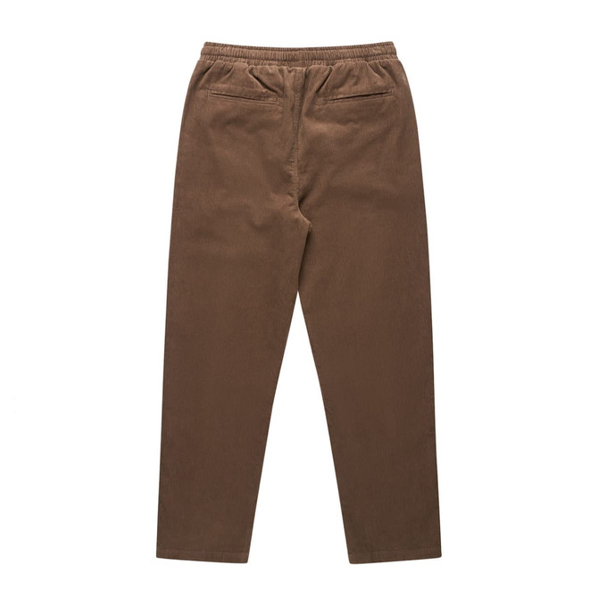 Brown cord pants with an elastic waistband and two back pockets, displayed in a flat position.