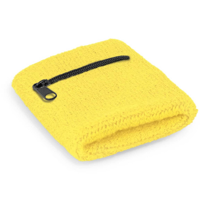 A yellow wrist sweat band featuring a small zippered pocket. The band is made from textured fabric and has a zipper.