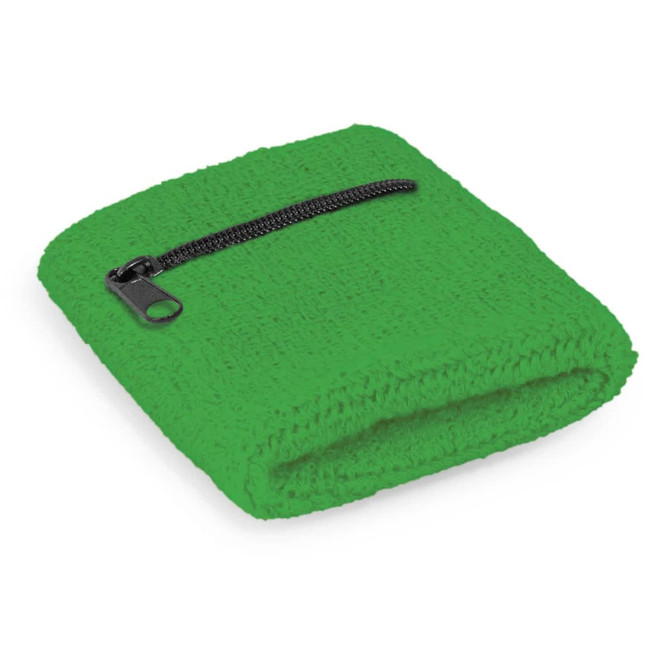 A green wrist sweat band with a zipper pocket, featuring a textured fabric design.