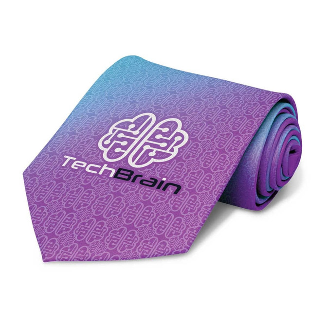 A tie with a gradient design featuring shades of purple and blue, adorned with the TechBrain logo.