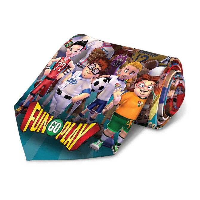 A vibrant tie featuring animated characters in sports attire, with bright colours and a playful design. It has a logo.