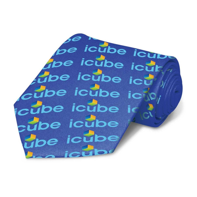 A blue tie featuring a repetitive design with geometric shapes and text, alongside a logo.