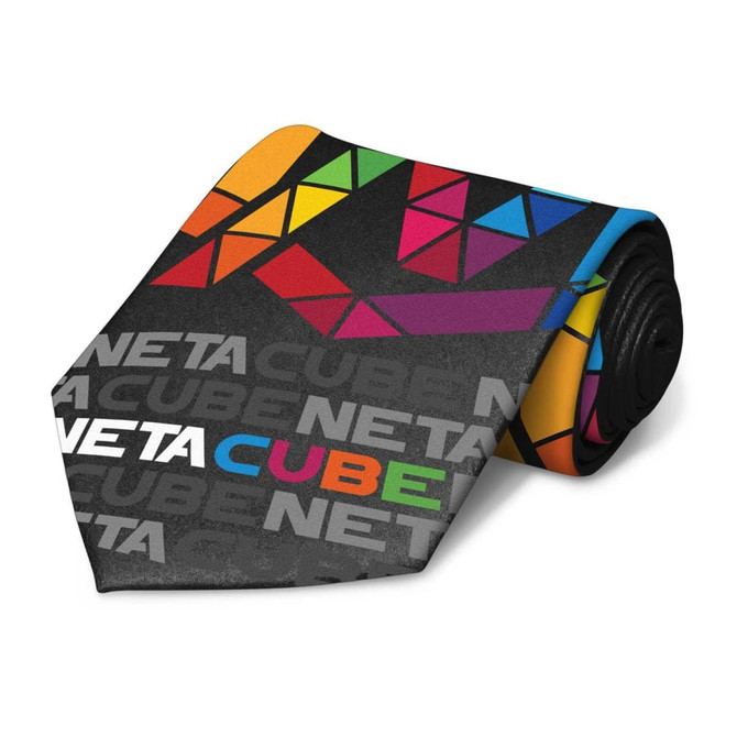 A tie featuring a vibrant geometric pattern with colours like orange, purple, red, and green on a black background.