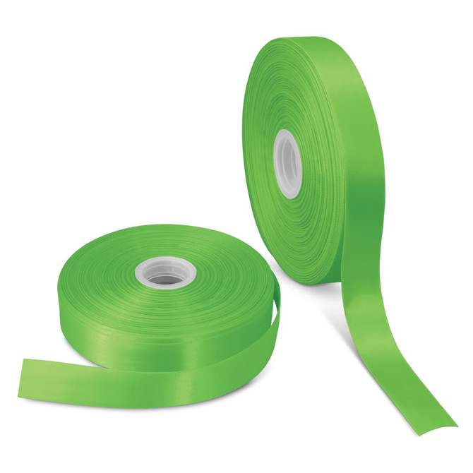A roll of vibrant green personalised ribbon, measuring 50mm, with a second smaller roll beside it.
