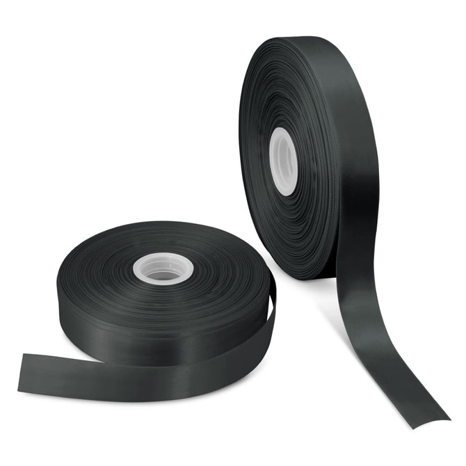 Two rolls of dark green personalised ribbon, one unspooled, on a white background. Each roll is 50mm wide.