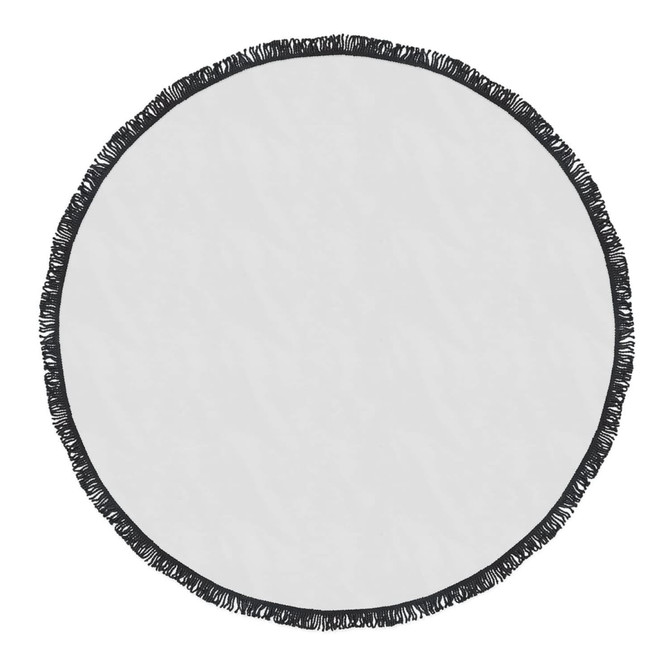 A round beach towel with a black fringe around the edge, featuring a plain white centre.