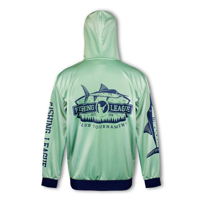 A mint green zipped hoodie featuring fishing-themed graphics and a logo on the back and sleeve.