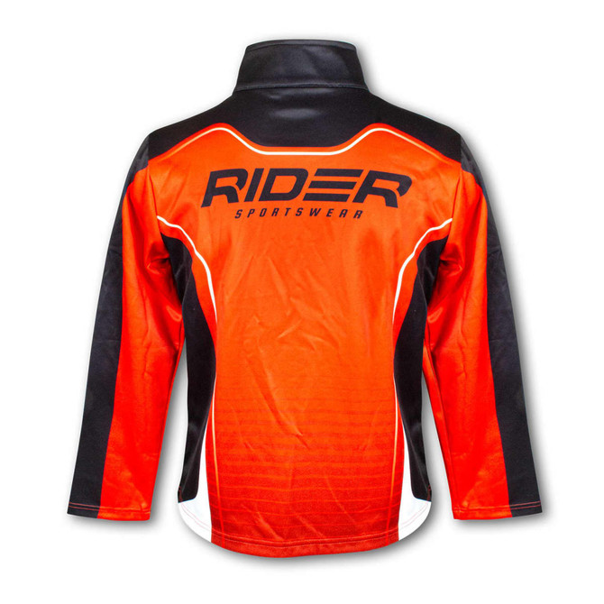 A men's sports jacket in vibrant orange with black and white accents, featuring a logo on the back.