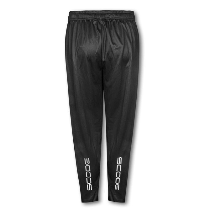 Black custom men's track pants featuring an elastic waistband and logo branding on the sides.