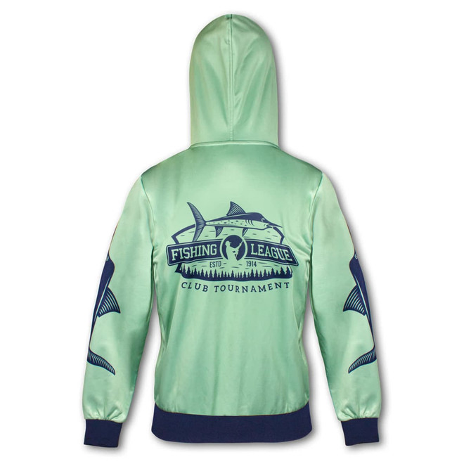 A mint green zipped hoodie featuring a logo on the back, with navy blue accents on the sleeves and hem.