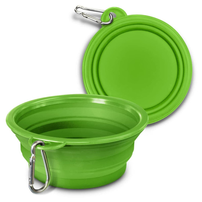 A green silicone collapsible pet bowl with a carabiner clip, displaying its expanded and folded forms.