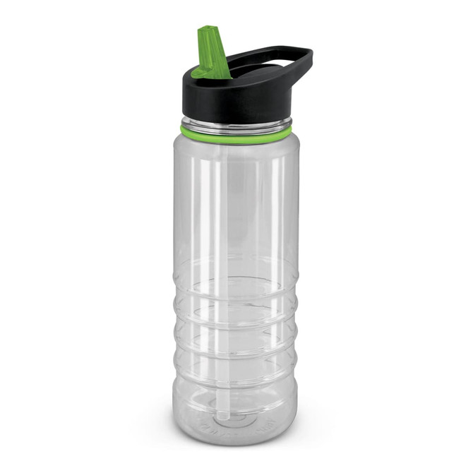 A drink bottle featuring a clear body with black and green accents, designed for easy hydration.