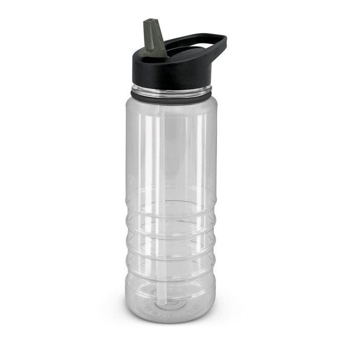 A drink bottle featuring a clear body with black accents and a green spout, designed for convenience and hydration.