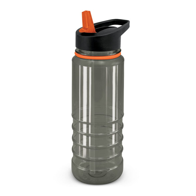 A drink bottle in clear plastic with a black lid and an orange spout, featuring a ribbed design and a logo.
