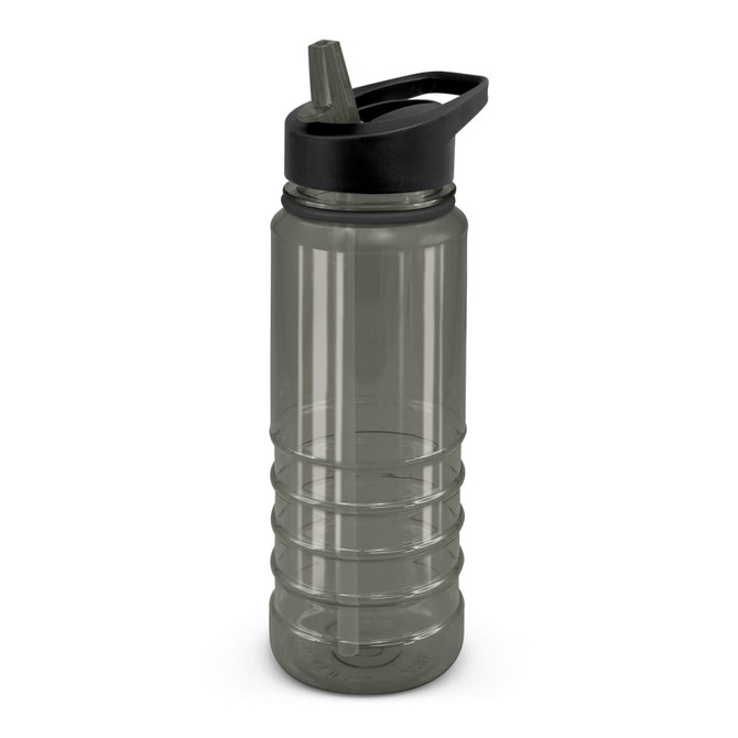 A drink bottle featuring a clear body with black accents and a flip-top spout, including a logo.