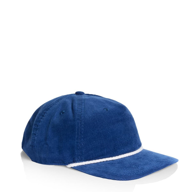 A blue corduroy cap featuring a contrast rope detail and a curved brim. The cap has a logo on it.
