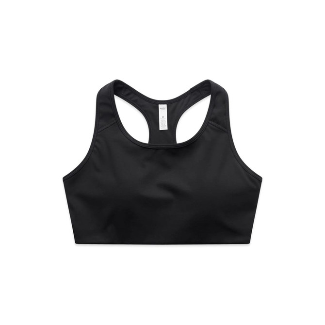 A black crop top with a racerback design, featuring a logo on the front. Perfect for sports activities.