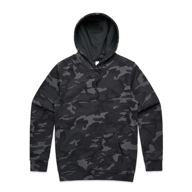 A camouflage-patterned hooded jumper in dark grey and black, featuring a hood and a front kangaroo pocket.