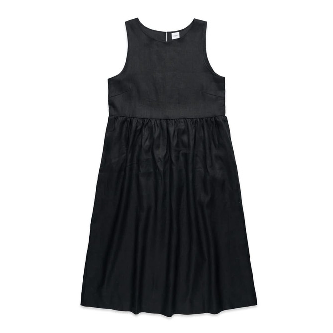 A black linen dress featuring a sleeveless design with a gathered skirt and a logo tag at the neckline.