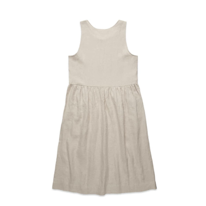 A linen dress in a soft beige colour, featuring a sleeveless design and a gathered skirt.