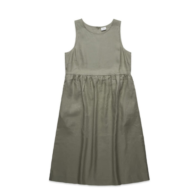 A linen dress in olive green with a sleeveless design and a gathered waist. Features a branding logo.